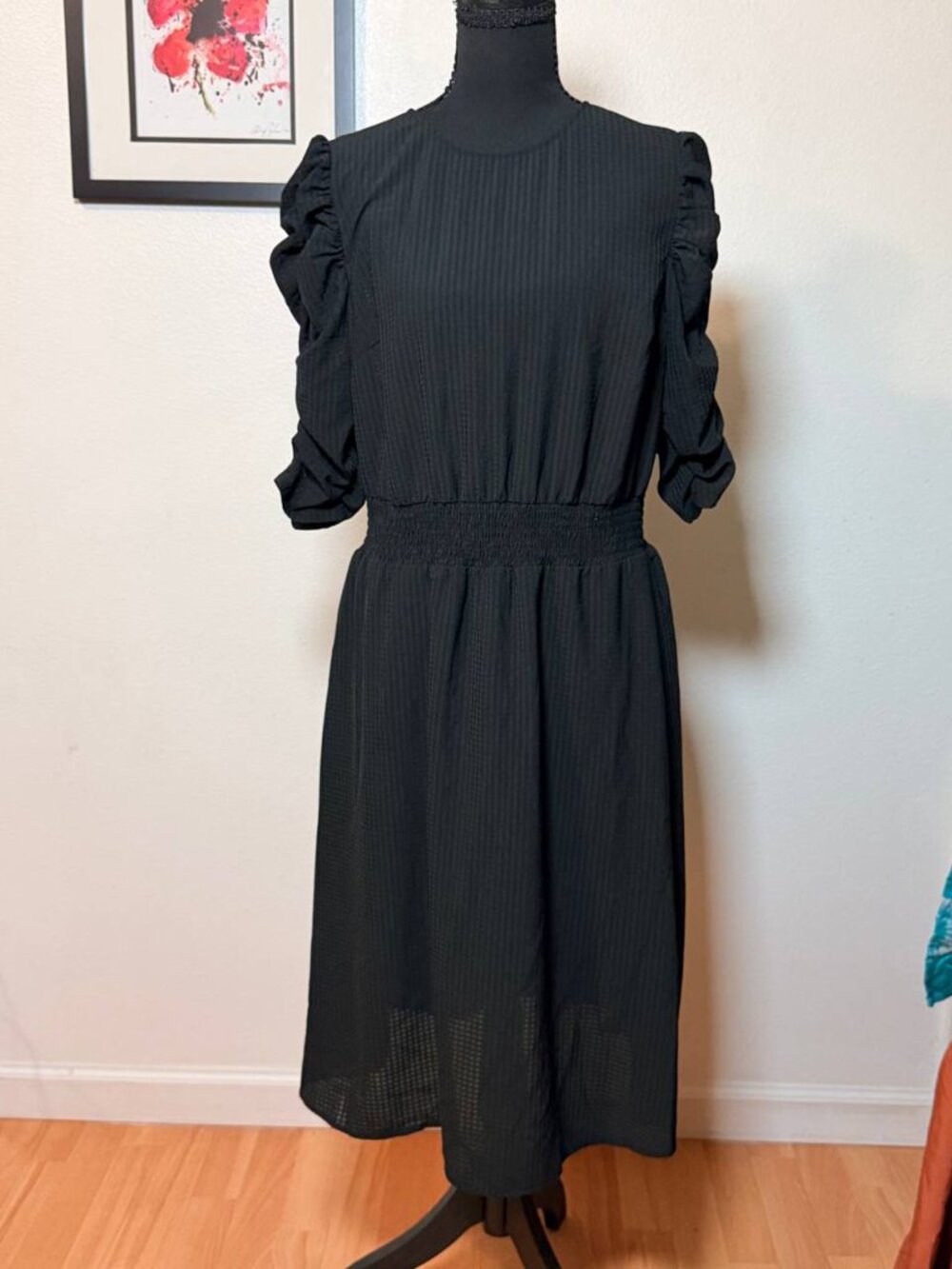 Who What Wear Black Ruched Puff Sleeve Midi Dress Cottagecore Fall L